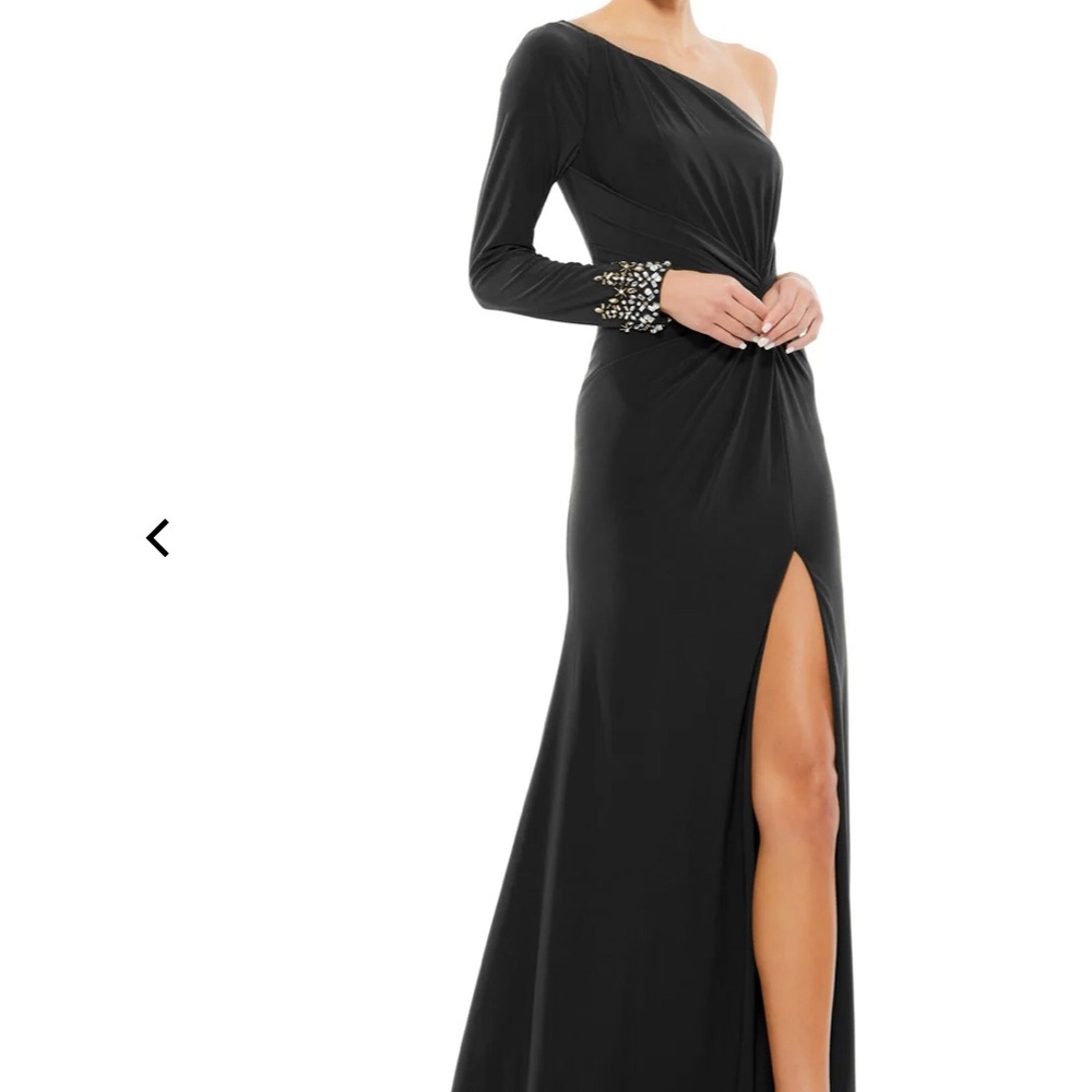 Mac Duggal Black One-Shoulder Gown with Embellished Sleeve